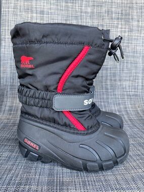 Sorel Kids' Flurry Snow Boots Waterproof Black Red Winter Insulated Shoes s 10